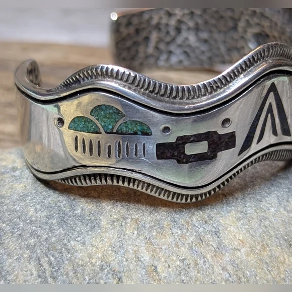 Carolyn Pollock Vintage Rare Storyteller Sterling & Inlay Stone Cuff Bracelet - Picture 4 of 10